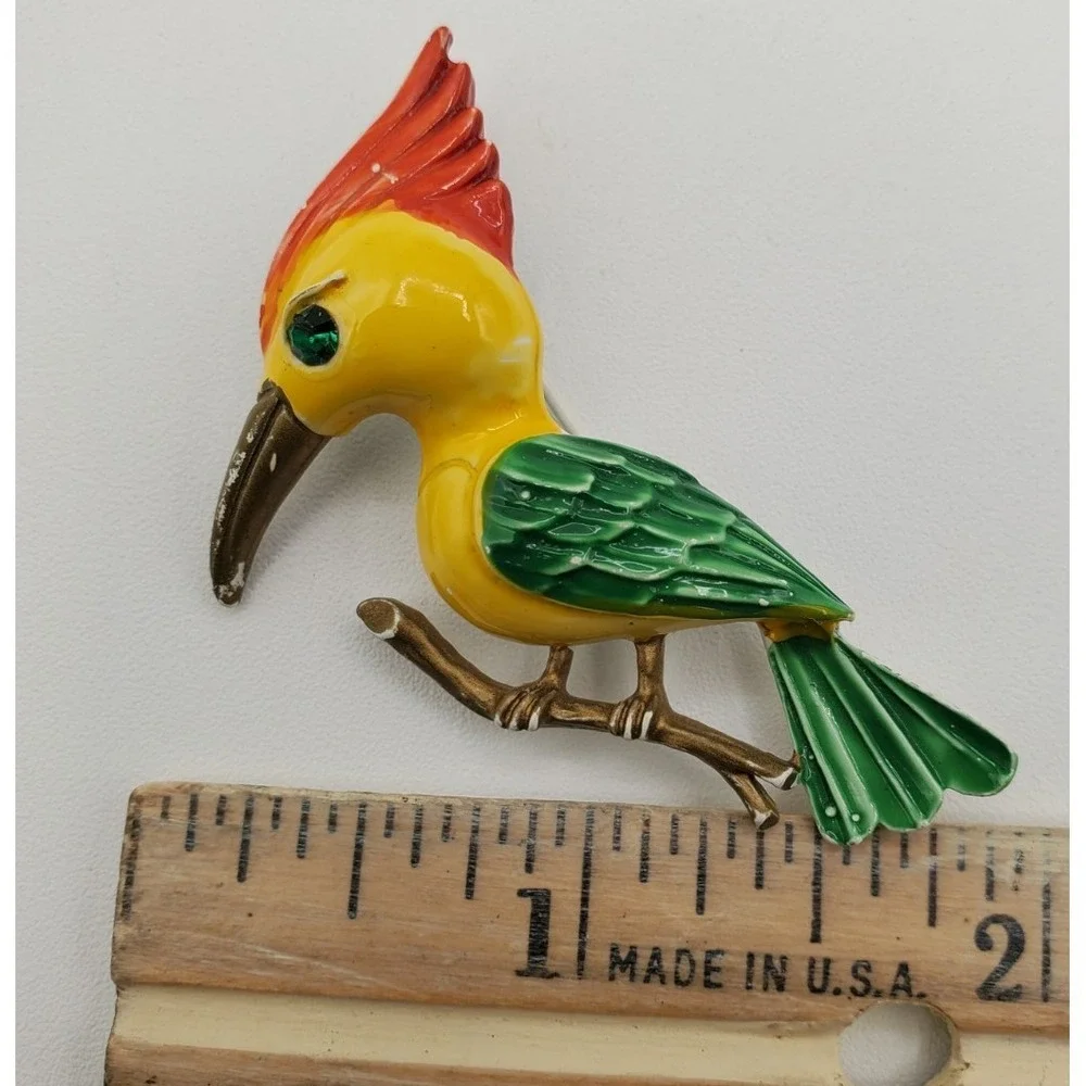 Vtg Colorful Enameled Metal Woodpecker Bird w Green Eye Brooch Pin